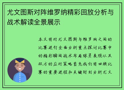 尤文图斯对阵维罗纳精彩回放分析与战术解读全景展示