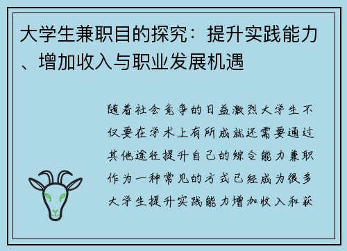 大学生兼职目的探究：提升实践能力、增加收入与职业发展机遇