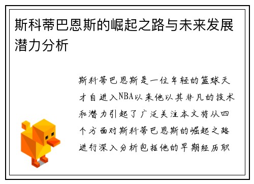 斯科蒂巴恩斯的崛起之路与未来发展潜力分析