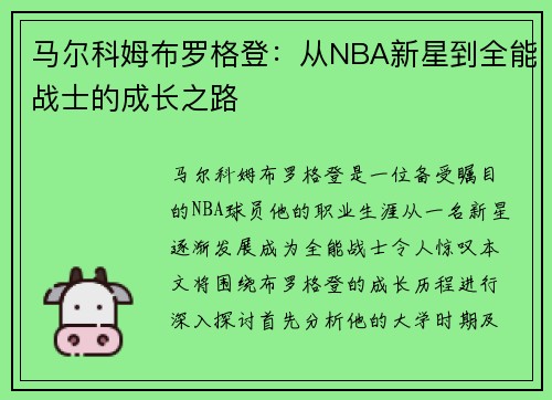 马尔科姆布罗格登：从NBA新星到全能战士的成长之路