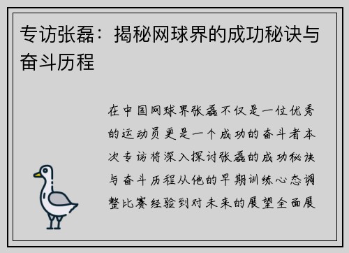 专访张磊：揭秘网球界的成功秘诀与奋斗历程