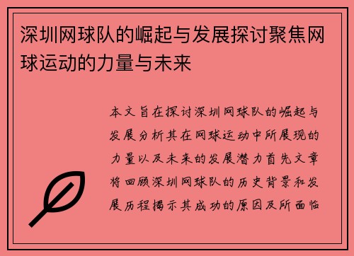 深圳网球队的崛起与发展探讨聚焦网球运动的力量与未来